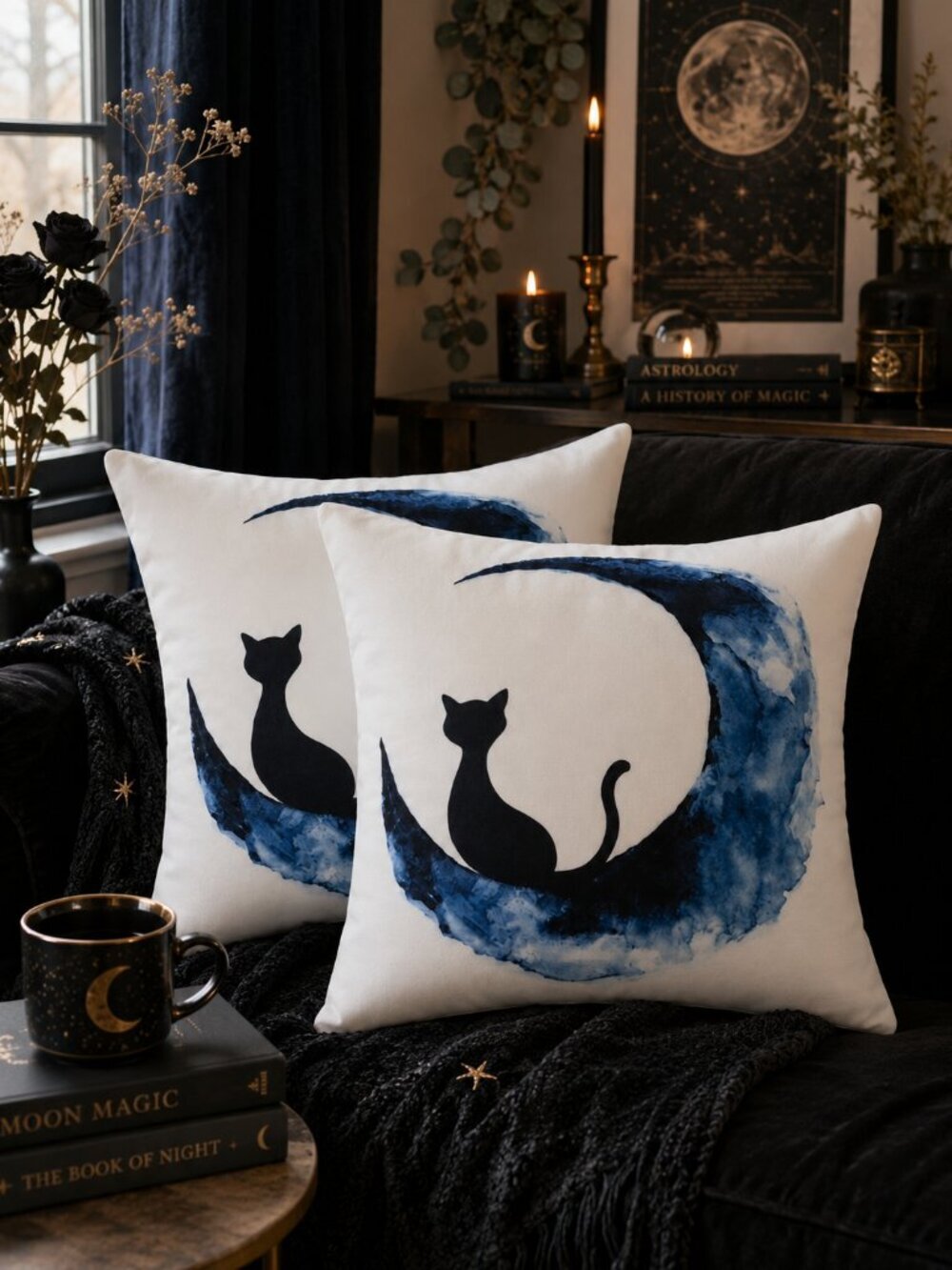 Set 2 Black Cat Blue Moon Pillow Covers 18x18 Halloween Fall Spooky Chic